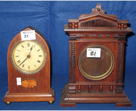 Early 20th Century, inlaid, lancet shaped mantel clock together with architectural clock case, lacking movement.  (2)