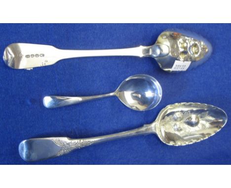 Bag containing assorted silver spoons to include: caddy type spoon and two similar silver berry spoons, London hallmarks. (3)