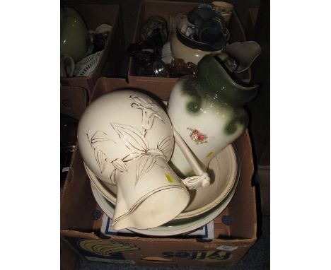 Cream and gilt foliate jug and basin set together with another floral jug and basin set and rose decorated basin.  (5)