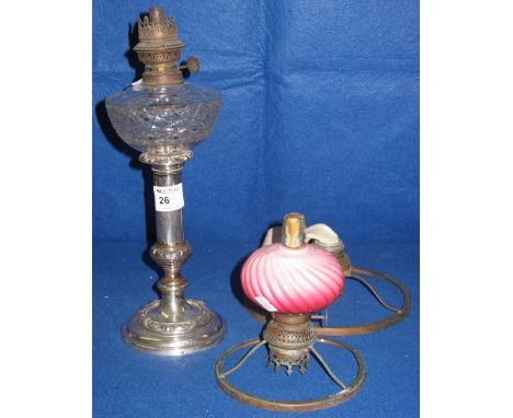 Silver plated, German oil lamp with clear glass reservoir together with associated accessories. CONDITION REPORT: Although gr