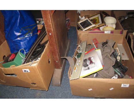 Two boxes of assorted train accessories to include various tracks, Fleischmann power controller, Hornby colour light signals,
