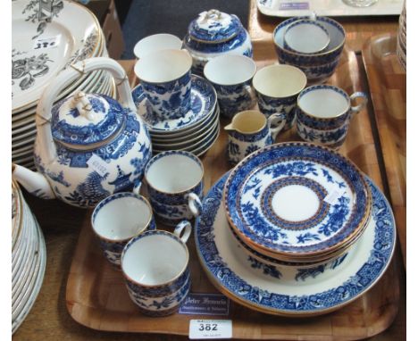 Tray of mid 19th Century blue and white Worcester tea ware items comprising baluster tea pot, tea cups and saucers, sucrier e