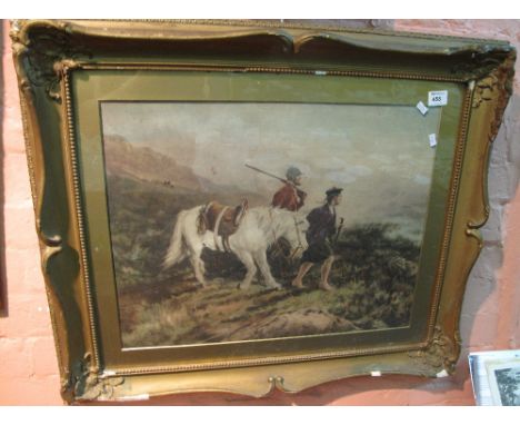 Coloured print, Highland hunting scene, framed and glazed.