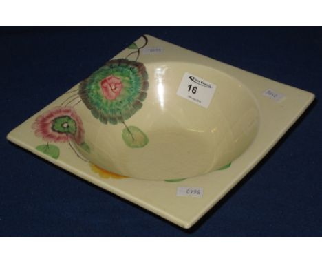Clarice Cliff Wilkinson pottery square  bowl decorated with flowers.  Printed marks to base. CONDITION REPORT: One corner app