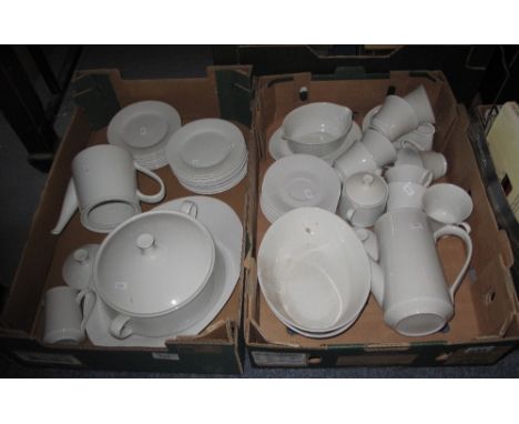 Two trays of white china part tea ware and dinner items comprising cups, saucers, coffee and tea pot, tureen etc.  (2