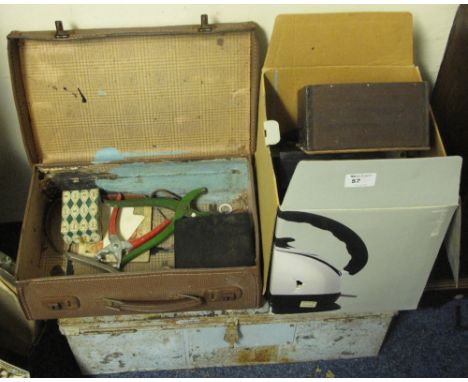 Box of assorted collectibles to include stained boxes, Johnson Nebro cut plate developing tank and other related tank systems