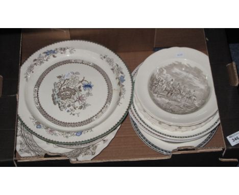 Tray of assorted china plates and bowls to include: Copeland 'Chinese Rose'; Copeland Spode 'The Meet' and 'Off to Draw' bowl