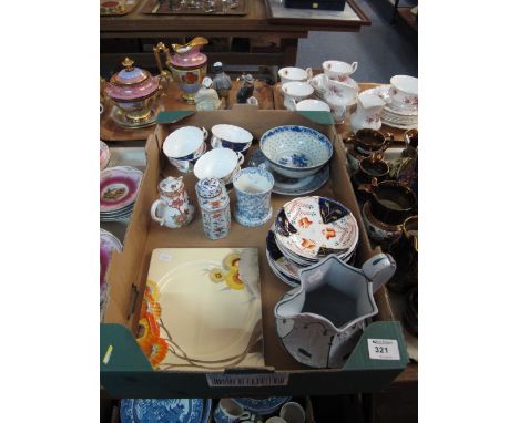 Tray of assorted china to include 19th Century Gaudy Welsh tulip design cups and saucers and side plates, modern Chinese blue