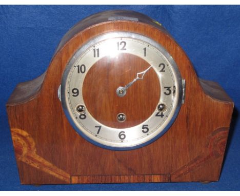 20th Century, walnut cased, three train, hat shaped mantel clock.