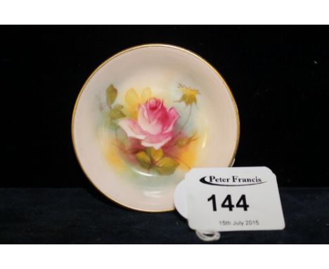 20th Century Royal Worcester porcelain small circular pin dish, hand painted with rose signed M.Hunt.  Puce marks to base.