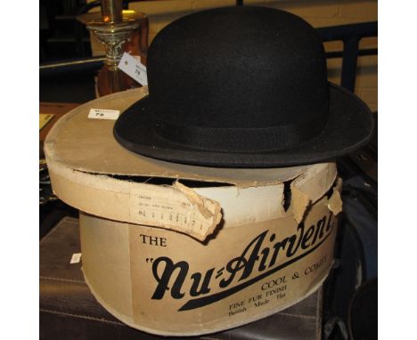 Gentlemen's British made London bowler hat.  The box titled The Nu-Air vent fine fur finish hat, together with military type 