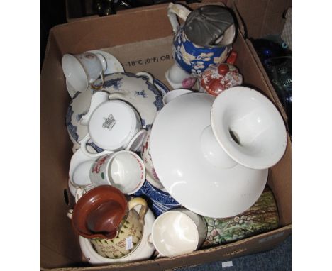 Box of assorted china to include Japanese floral water jug, relief floral blue and white baluster jug with pewter lid, blue a
