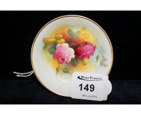 Royal Worcester porcelain small circular pin dish hand painted with roses, signed M.Hunt. CONDITION REPORT: very minor wear. 