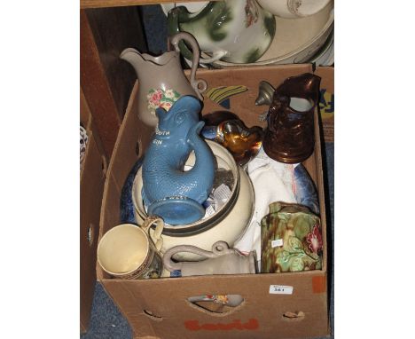 Box of assorted china to include Plymouth Gin advertising glug glug jug, various floral dresser jugs, Adams Tunstell prize of