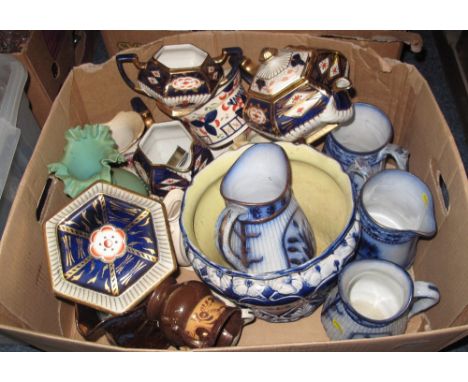 Box of assorted china to include 19th Century blue and white floral dresser jugs, Imari design tea pot on stand with matching