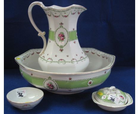Victorian pottery jug and basin set together with chamber pot, vase, soap holder etc.