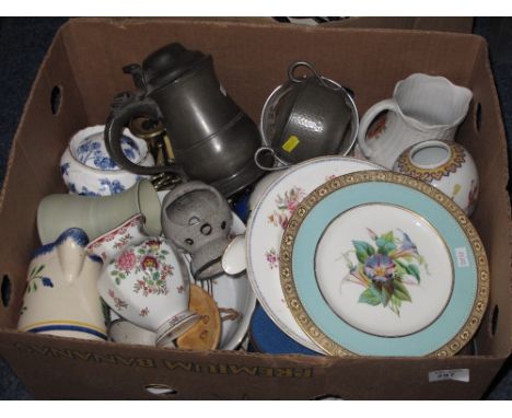 Box of assorted china and other items to include various floral plates, Booths, floral vase, Aynsley Elizabeth Rose cascade c