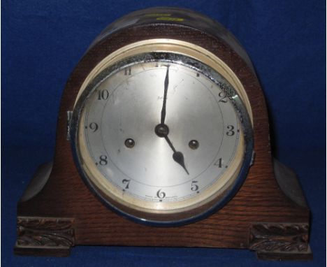 Enfield English oak cased, two train, hat shaped mantel clock.