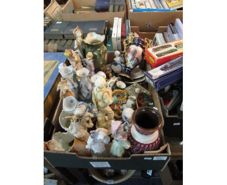 Tray of assorted china to include various continental figures, continental two handled urn shaped vase, shell shaped trinket 