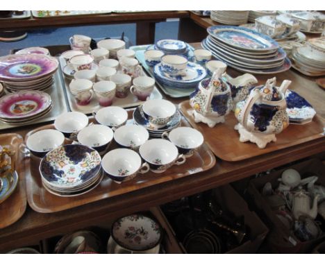 Two trays of 19th Century Gaudy Welsh tulip design part tea ware items comprising tea pot, lidded two handled sucrier, milk j