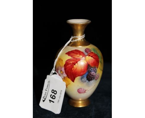 Royal Worcester porcelain small baluster vase, hand painted with berries and leaves.  Signed K. Blake.  Printed puce marks to