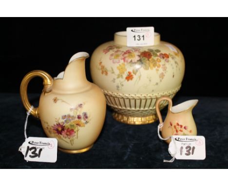 Royal Worcester porcelain lush ivory helmet jug shape number 1094, together with Royal Worcester porcelain jar lacking covers