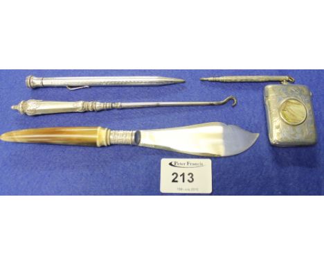 E.P.N.S. engraved Aberystwyth Vesta case, white metal propelling pencil, fish knife, silver handled button hook and silver pl