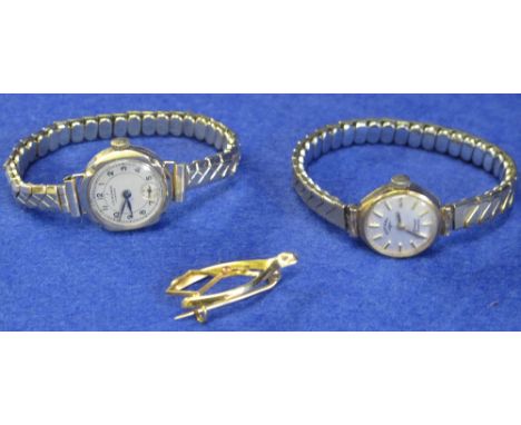 Two 9ct gold ladies wrist watches marked: Benson and Rotary, together with wishbone brooch.