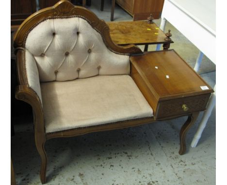 Reproduction mahogany button back upholstered telephone table on cabriole legs.