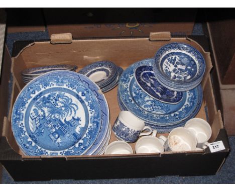 Box of assorted china to include blue and white Churchill breakfast bowls and plates, blue and white mugs and saucers etc.