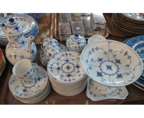Tray of Royal Copenhagen blue and white floral coffee set comprising coffee cups, saucers, plates, coffee pot, milk jug, pede