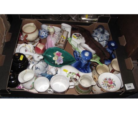 Tray of assorted china to include: commemorative mugs; baluster jugs; Royal Worcester floral pin dishes; Continental figures 