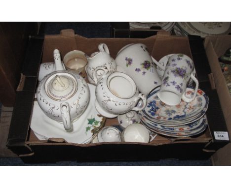 Tray of assorted china to include 19th Century white and gilt tea ware items comprising: cups; saucers; sucrier; milk jug etc