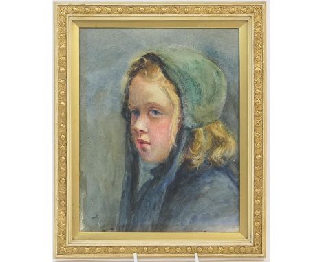 English School (Circa 1900), Portrait of a young girl in a green bonnet, watercolour, 26cm x 21cm (Viewing is by appointment 