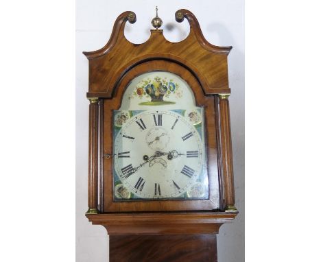 Mahogany and inlaid 30 hour longcase clock, early 19th Century, 13'' painted dial with floral spandrels and flower basket to 