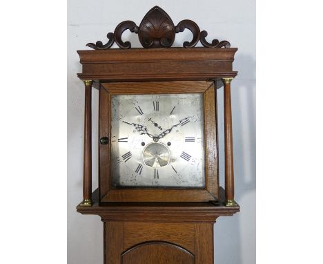 Joseph Hood, Bristol, eight day long case clock, the hood surmounted with an anthemion finial, silvered 12'' dial with subsid