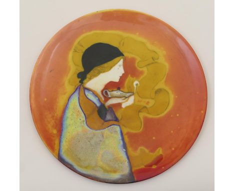 Rare Bernard Moore plate, circa 1905-15, decorated with a girl holding a lamp, in flambe, black, yellow and petrol lustre gla