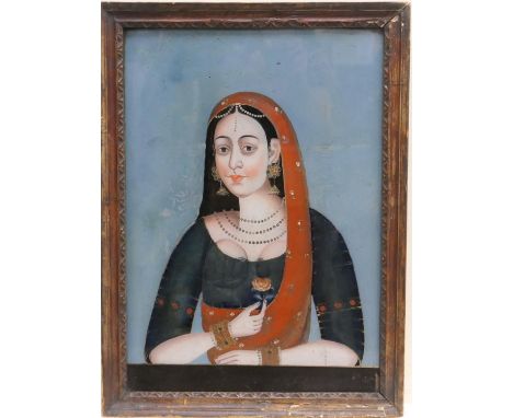 Portrait of a young woman, Gujarat, mid 19th Century, reverse painting on glass, 55cm x 35cm (Viewing is by appointment only 