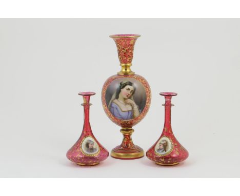 Bohemian hand decorated ruby glass pedestal vase, late 19th Century, baluster form, the body decorated with the portrait of a