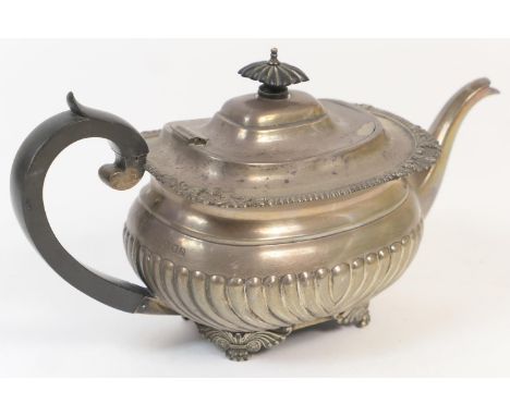 Victorian silver teapot, by the Barnards, London 1859, half reeded bombe form with ebony finial and handle, raised on paw fee