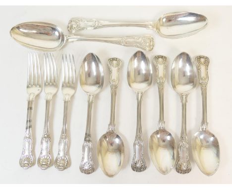 Pair of George IV silver Kings hourglass pattern table spoons, Eley &amp; Fearn, London 1822; also a set of six later silver 