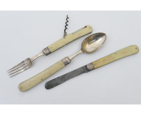 Victorian campaign cutlery set, comprising silver fork (with additional corkscrew) and spoon, London 1860, and steel knife, e