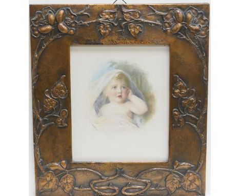 Florence Hannam (active late 19th Century), Portrait of an infant, signed watercolour, presented within a contemporary hammer