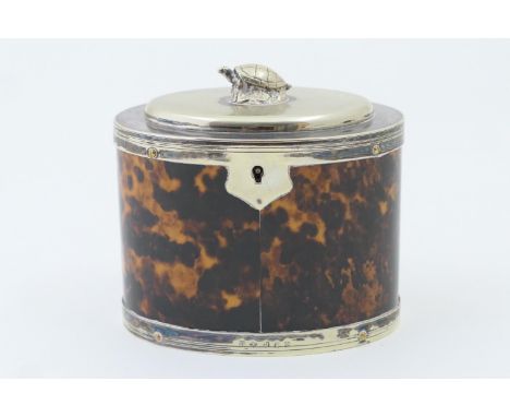 Victorian tortoiseshell tea caddy, circa 1840-60, the oval body clad in tortoiseshell, with electroplated hinged cover surmou
