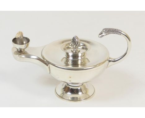 Edwardian silver lamp form table lighter, by Barrett &amp; Sons, Chester 1908, flame finial snuffer, eagle's head handle, rai