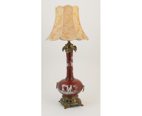 Unusual French brass mounted porcelain table lamp, decorated with cherubs idling at hockey, against a terracotta ground, the 