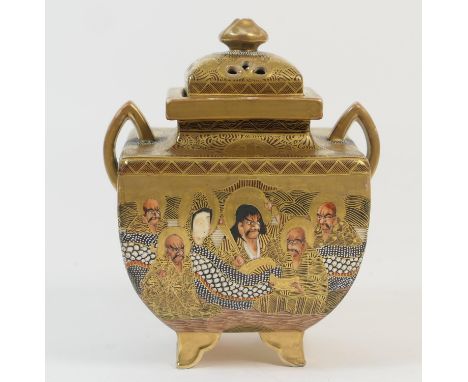 Japanese Satsuma koro and cover, signed, late Meiji/early Taisho (1868-1926), square form with twin handles, decorated with I
