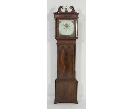 George III mahogany eight day longcase clock, circa 1800, swan neck pediment centred with an eagle and ball finial, brass cap