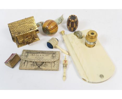 George III pocket almanac, 1799; also an early Victorian miniature alamanac; a Victorian ivory aide memoire, 9.5cm; carved iv