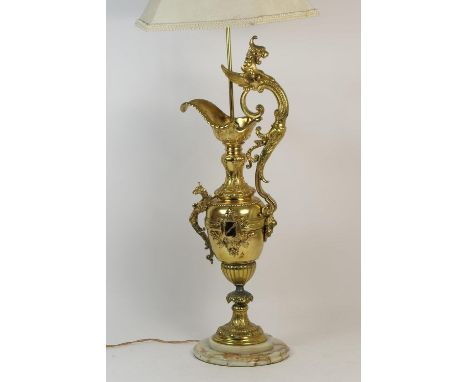 Gilt metal Medici urn table lamp, late 20th Century, on a marble base, height to the top of the ewer, 76cm (Viewing is by app